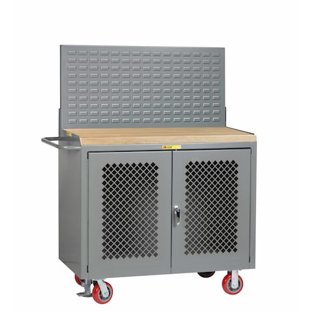 Little Giant Mobile Bench Cabinets, Perf Doors, 36"W, Louvered Panel, Butcher Block MJP2D-36-FL-LP